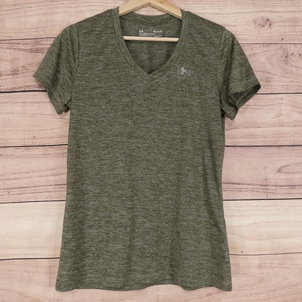 Under Armour Shirt Womens Small Green V-Neck HeatGear Lightweight Training‎ Tee